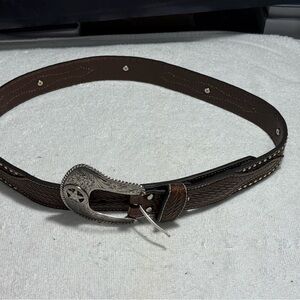 Brown  Leather Nocona Silver Cow Hair/Silver Studs Sz 34 Belt #N2506808 NWT